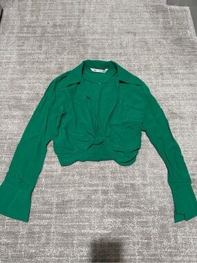 Zara NEW Emerald Green plunge knot Long Sleeve Crop Blouse
